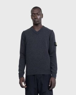 Stone Island Pull Col V Melange Charbon | Tricots